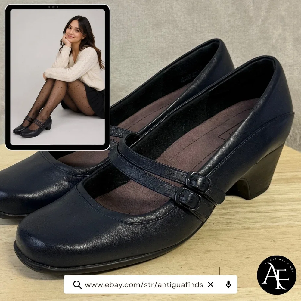 Clarks Everyday Navy Blue Leather Double Strap Mary Jane Pumps Heels 10M 31331